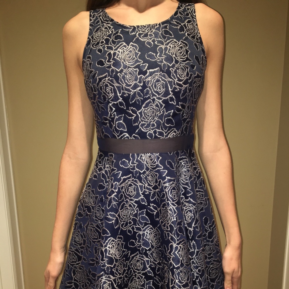 Blue and Silver Floral Print Dress
